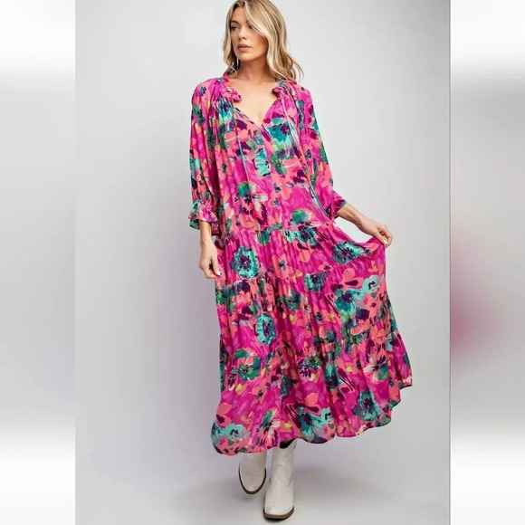 New Easel Ruby Pink Floral Maxi Dress - Picture 4 of 5